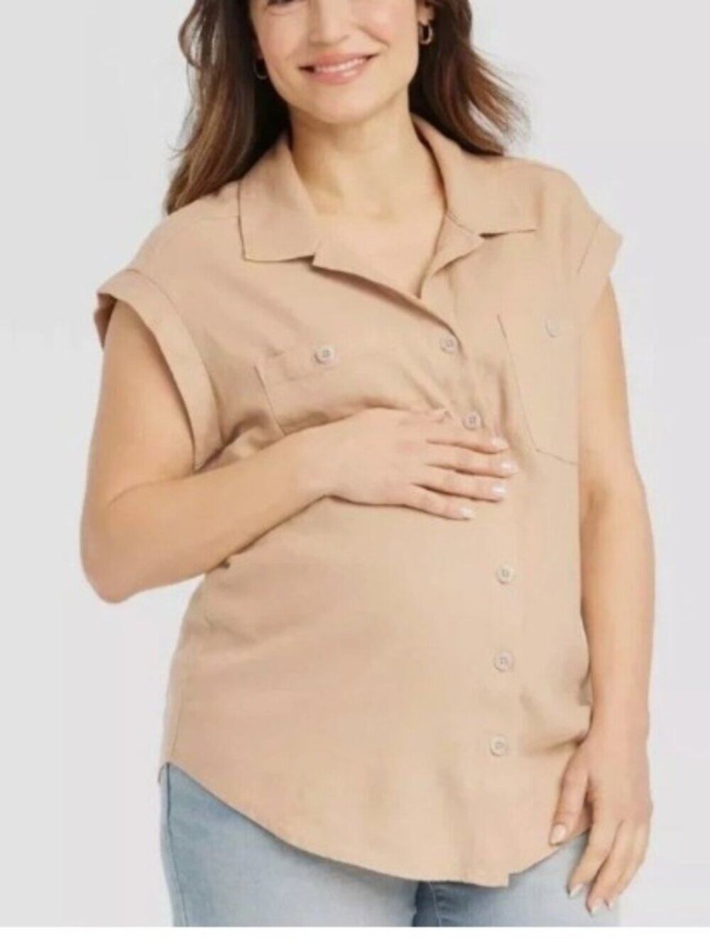 Ingrid+Isabel Brand Women's Large Maternity Linen Button Down Casual Top Khaki